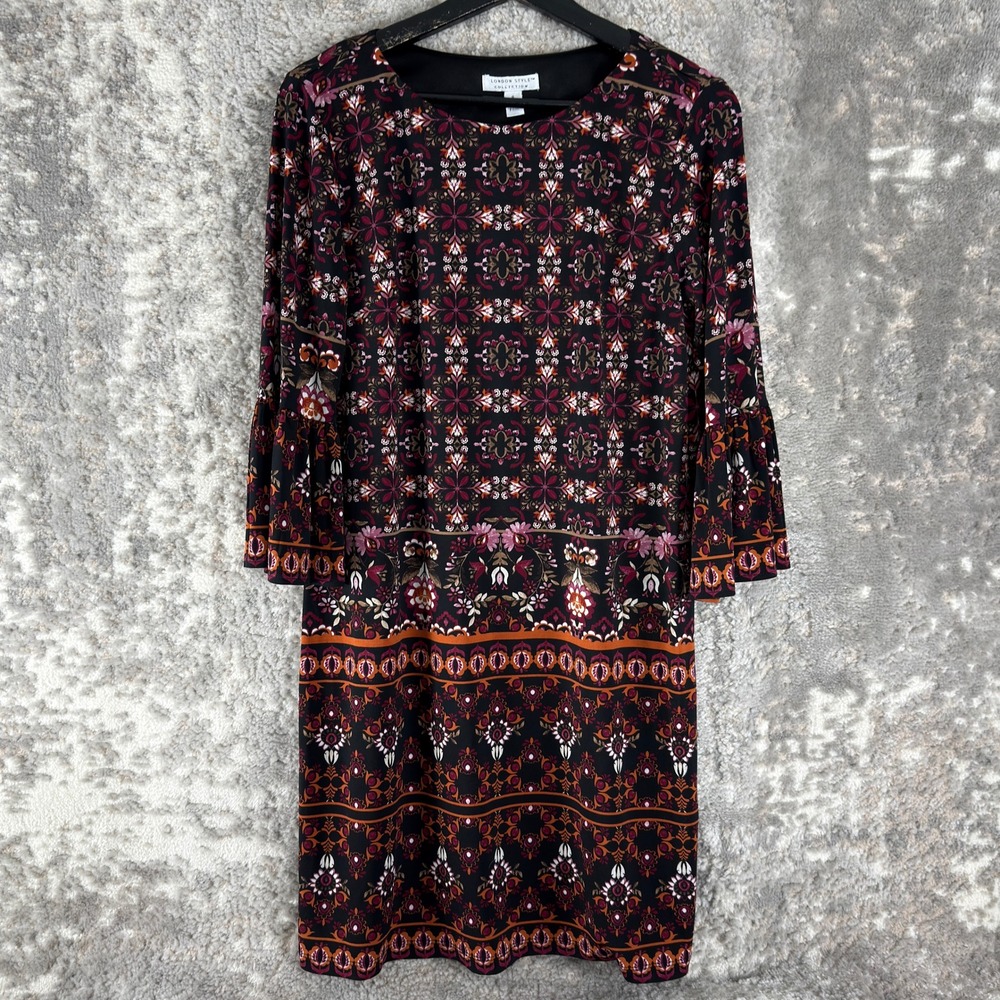 London Style Collection Size 8 Boho Floral Bell Sleeve Shift Dress‎ Black Multi